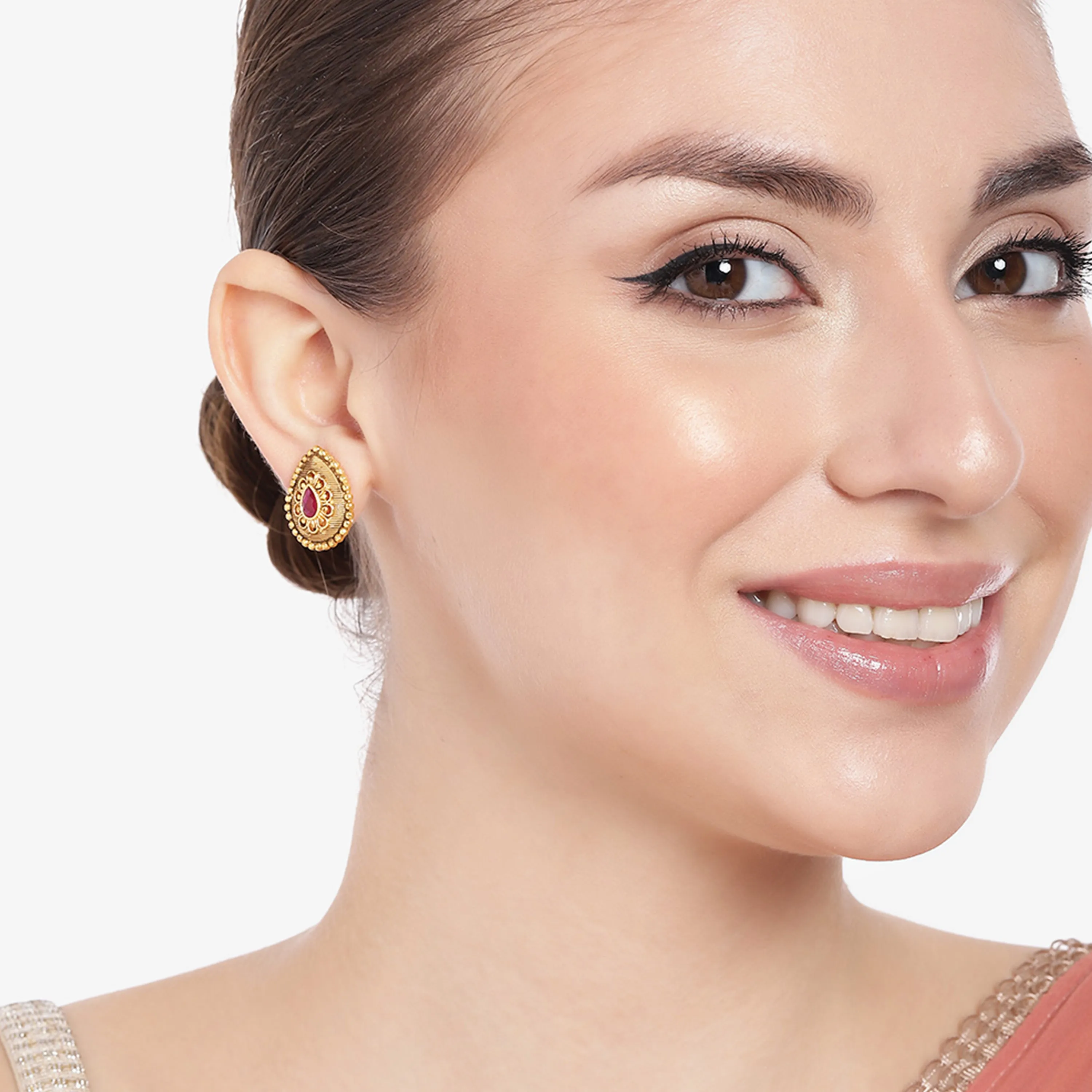 Estele Gold Plated Drop Designer Matt Finish Stud Earrings with Ruby Crystals for Women