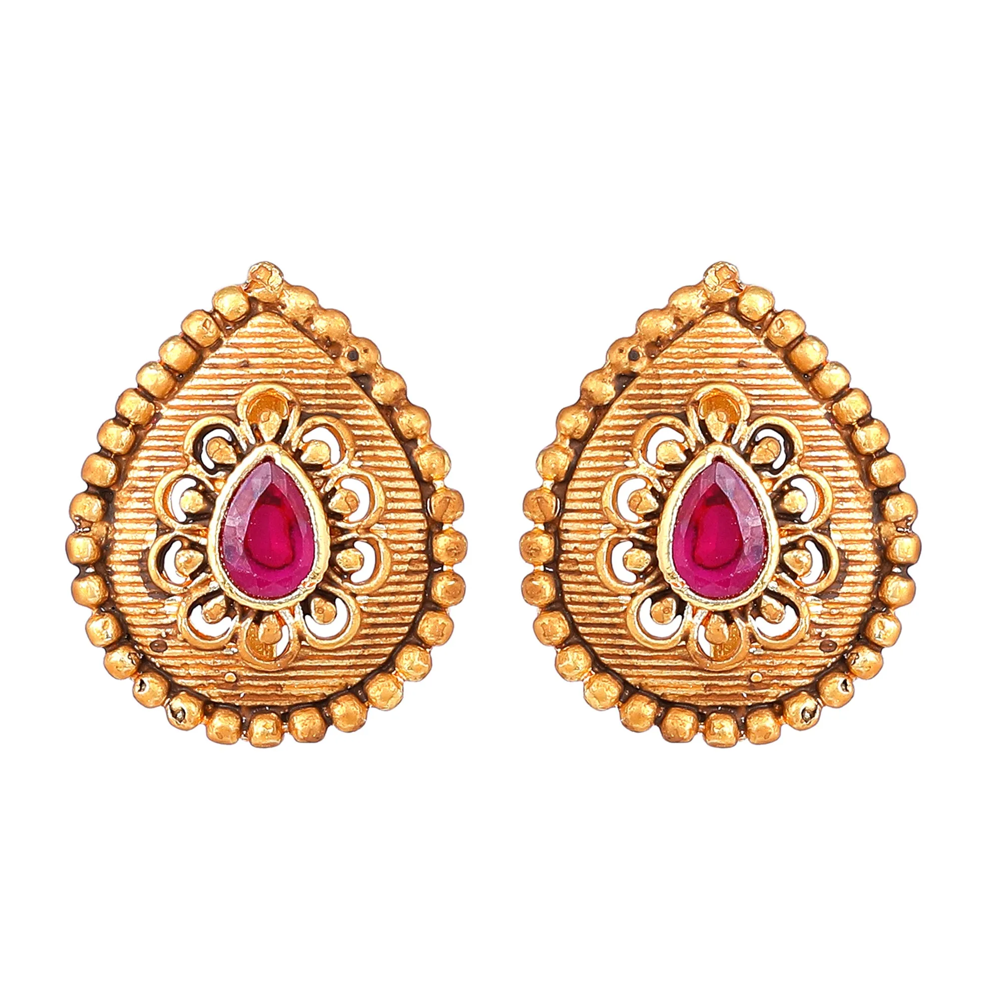 Estele Gold Plated Drop Designer Matt Finish Stud Earrings with Ruby Crystals for Women