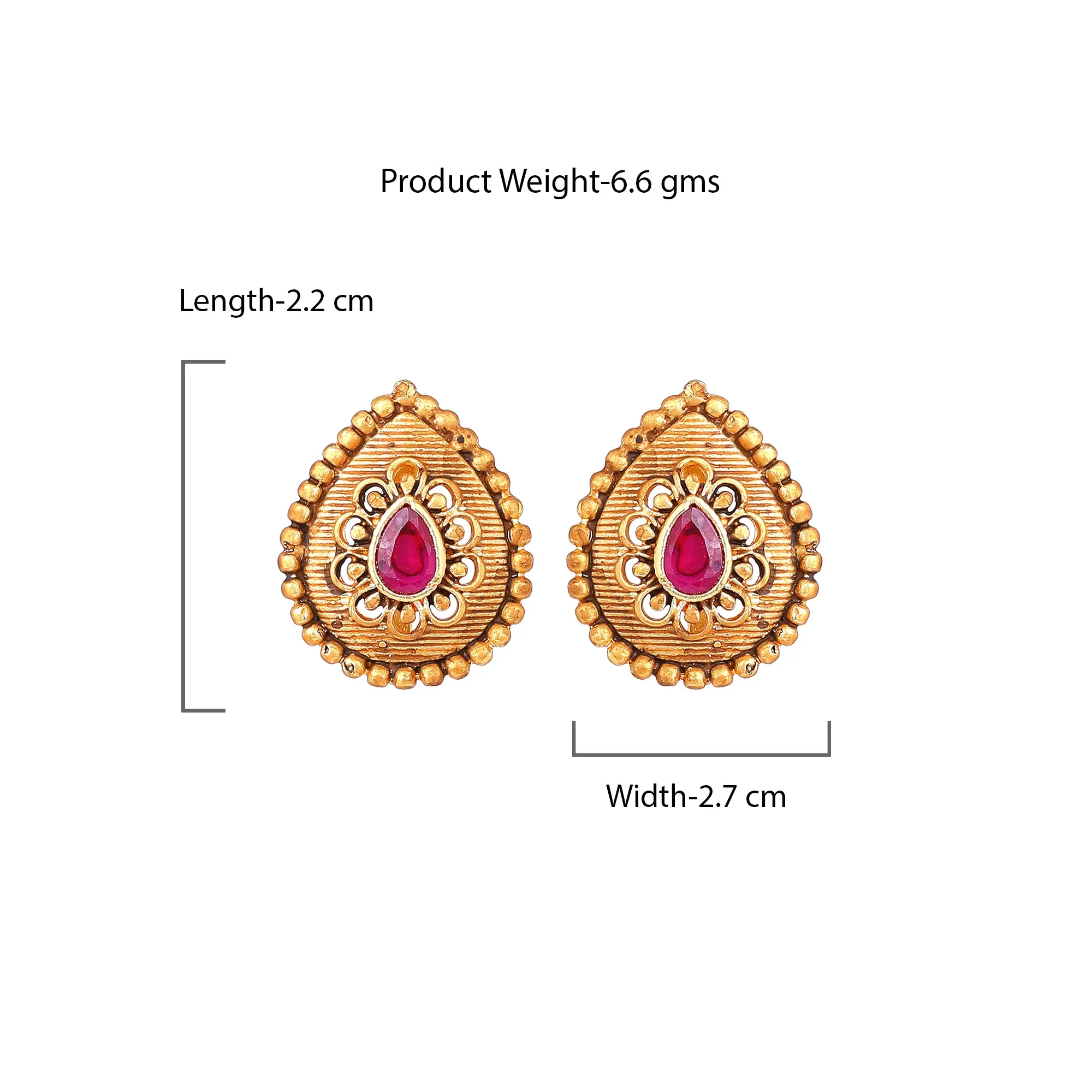 Estele Gold Plated Drop Designer Matt Finish Stud Earrings with Ruby Crystals for Women