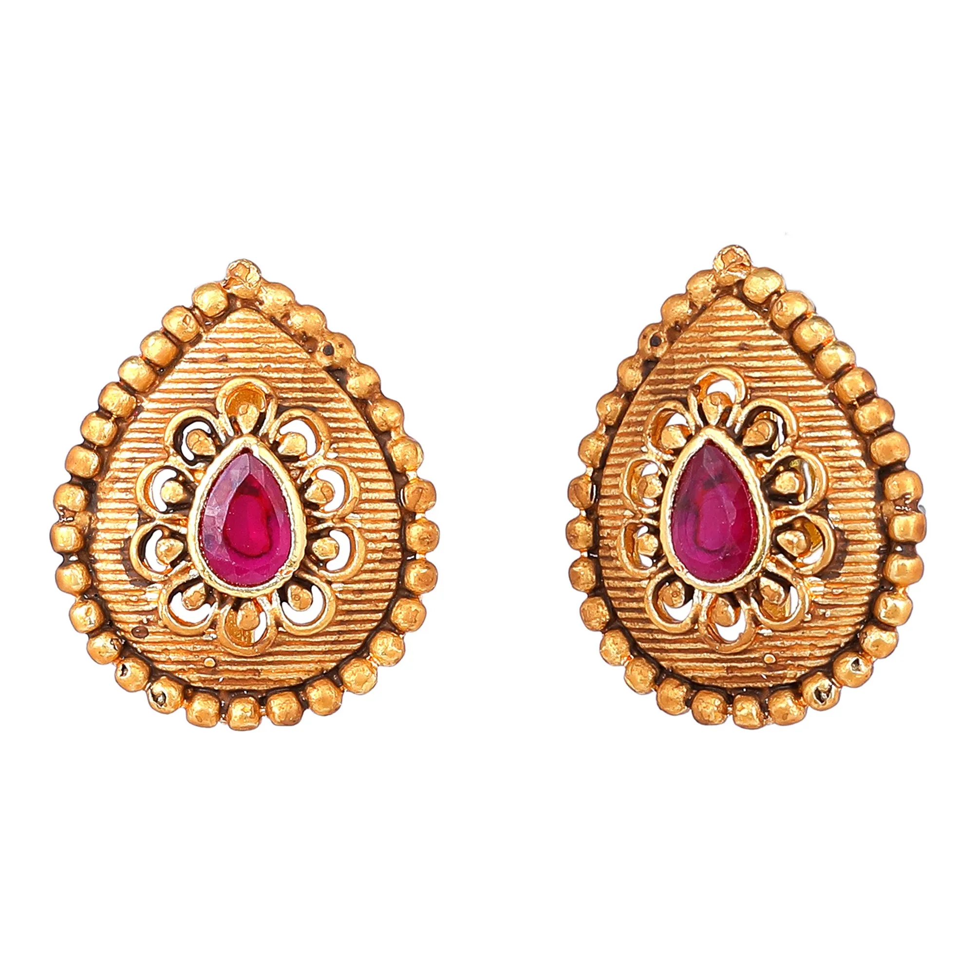 Estele Gold Plated Drop Designer Matt Finish Stud Earrings with Ruby Crystals for Women