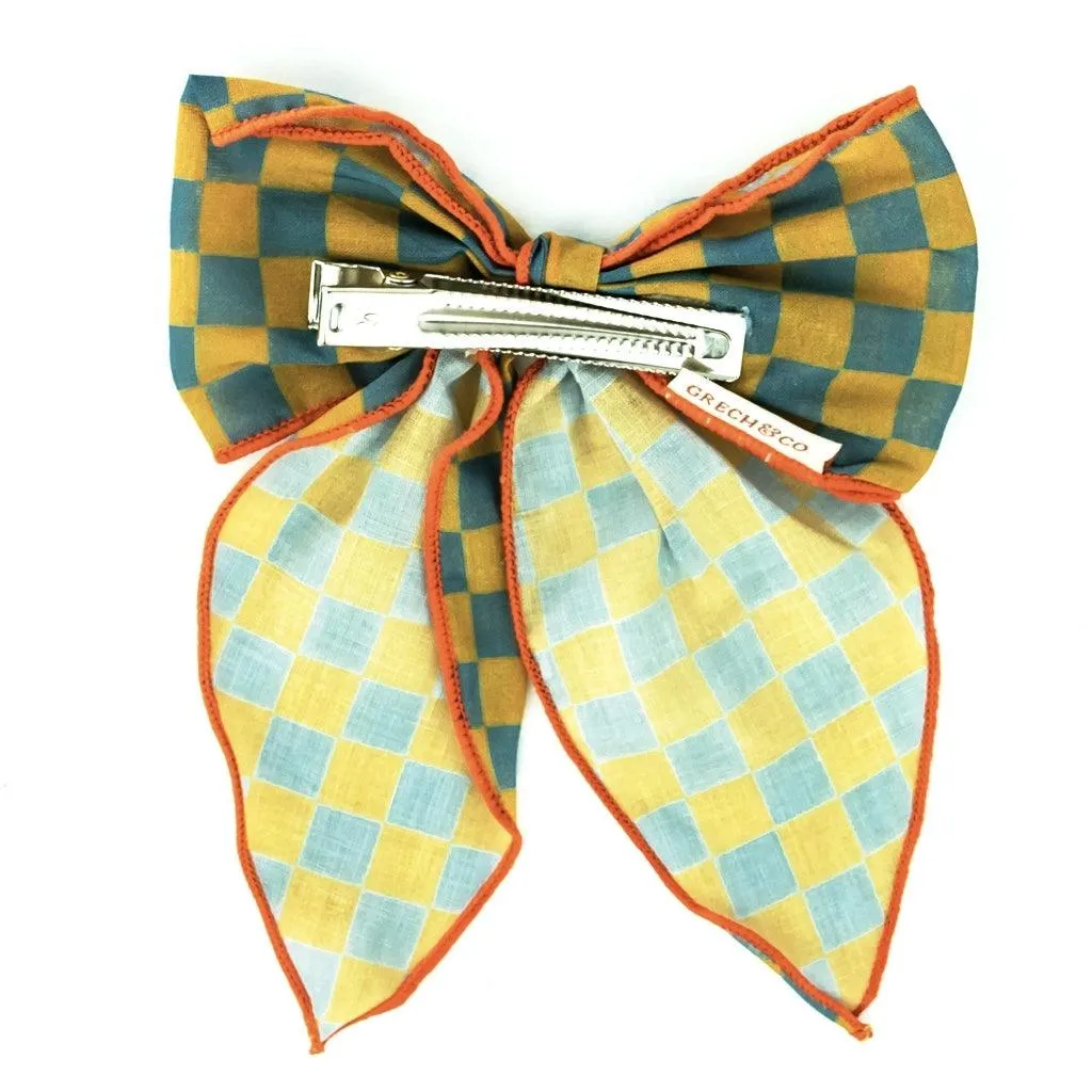 Fable Bow-Large Size - Checks  Laguna   Wheat