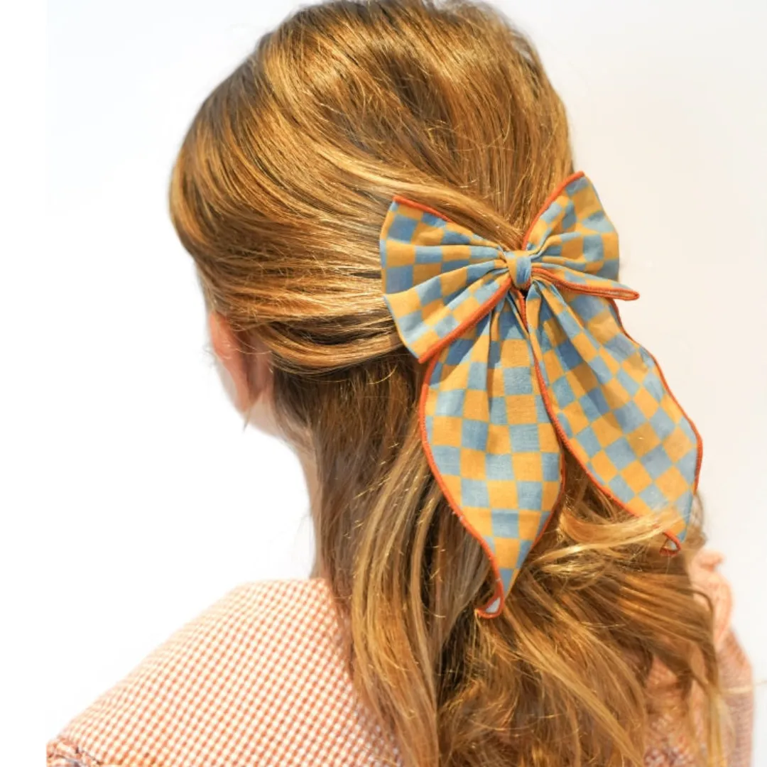 Fable Bow-Large Size - Checks  Laguna   Wheat