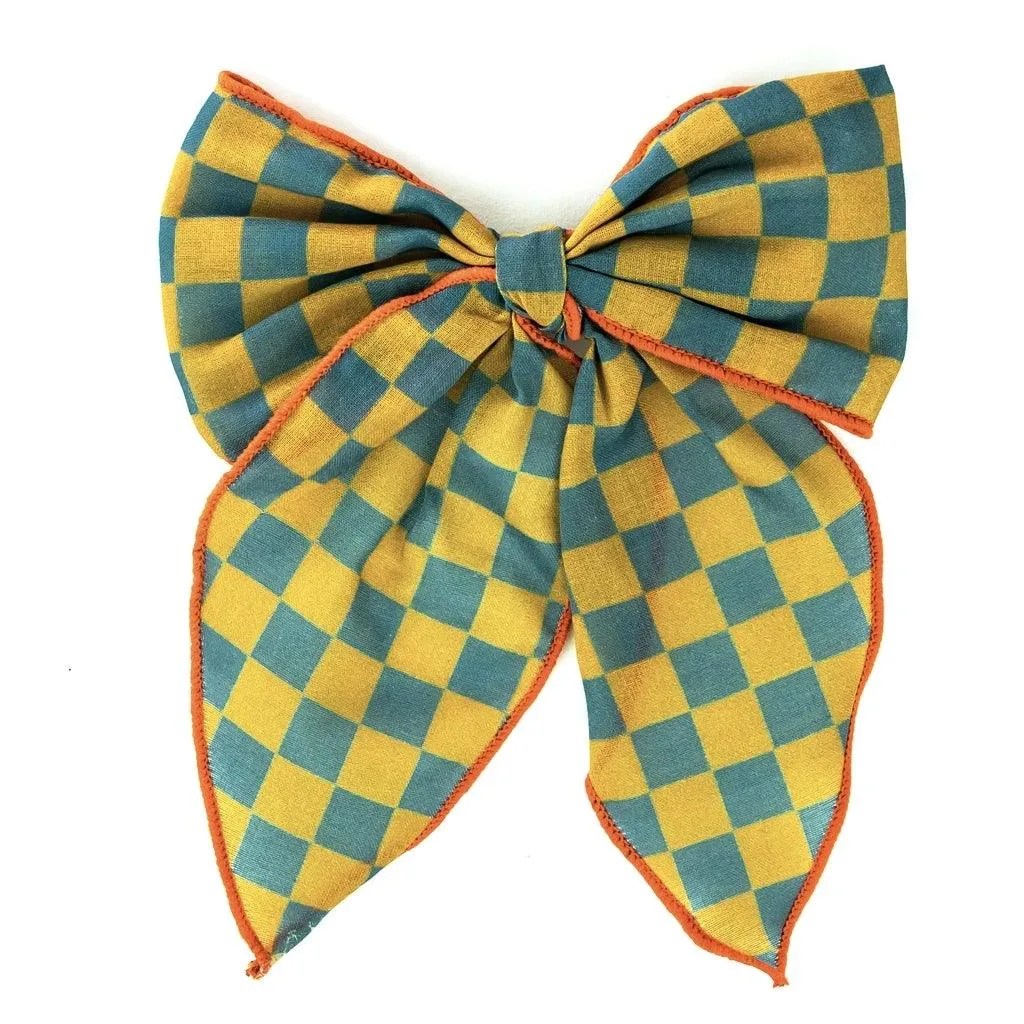 Fable Bow-Large Size - Checks  Laguna   Wheat