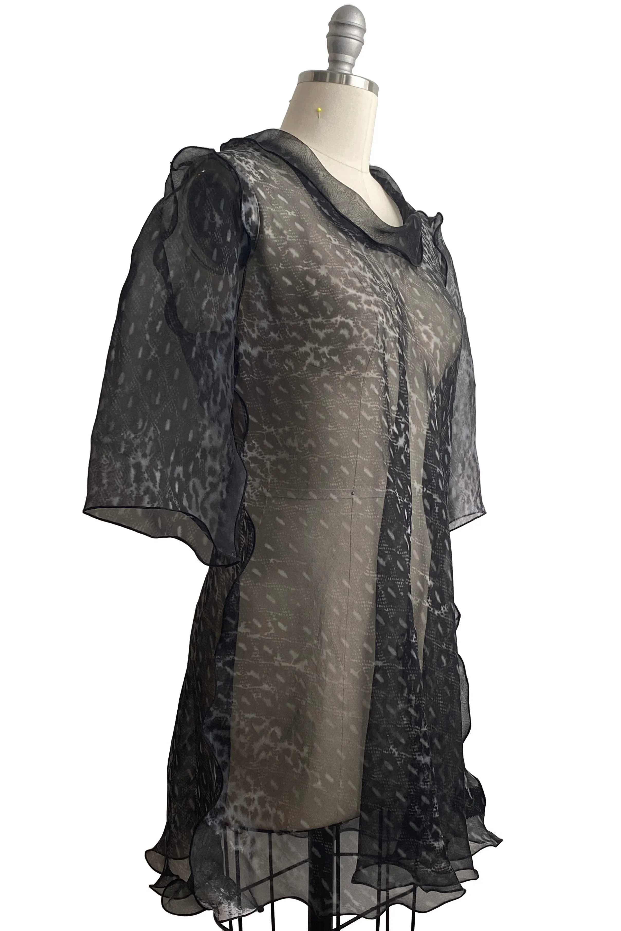 Fiona #5 Bias Tunic in Silk Organza Lace Print - Black & Grey - Medium & Large