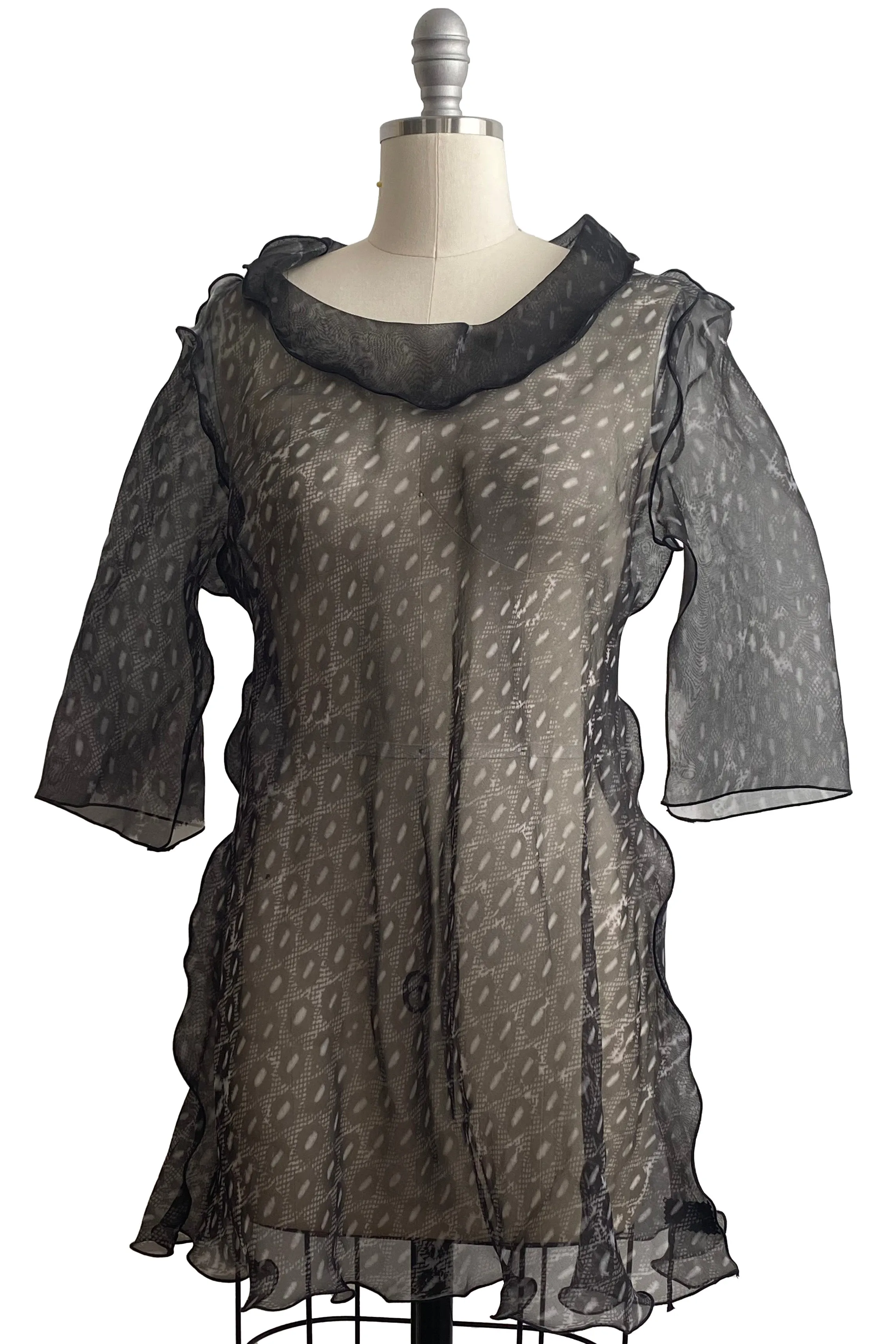 Fiona #5 Bias Tunic in Silk Organza Lace Print - Black & Grey - Medium & Large