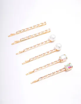 Gold Cubic Zirconia Baguette Freshwater Pearl Hair Clip