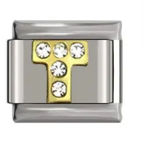 Letter T in Gold with Stones, on Silver