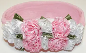 Light Pink White Roses Nylon Headband