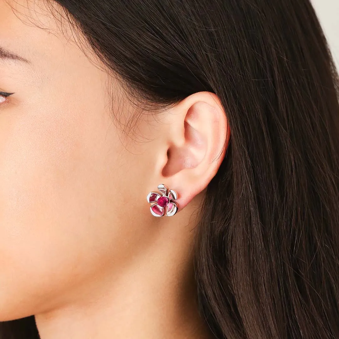 Orchid Garden Large Stud Earrings - Sterling Silver - Ruby
