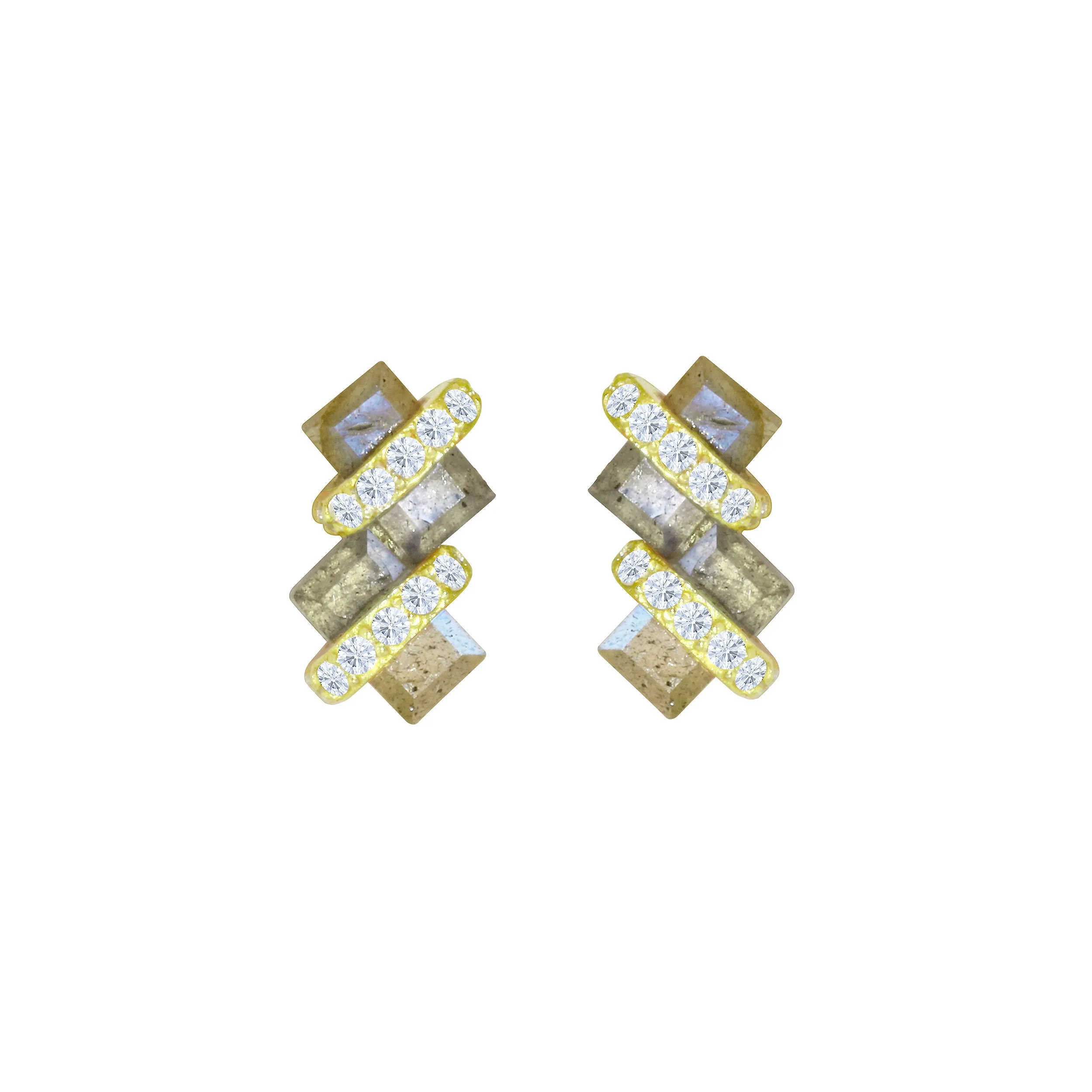 Pavé Wrapped Double Baguette Gemstone Stud Earrings