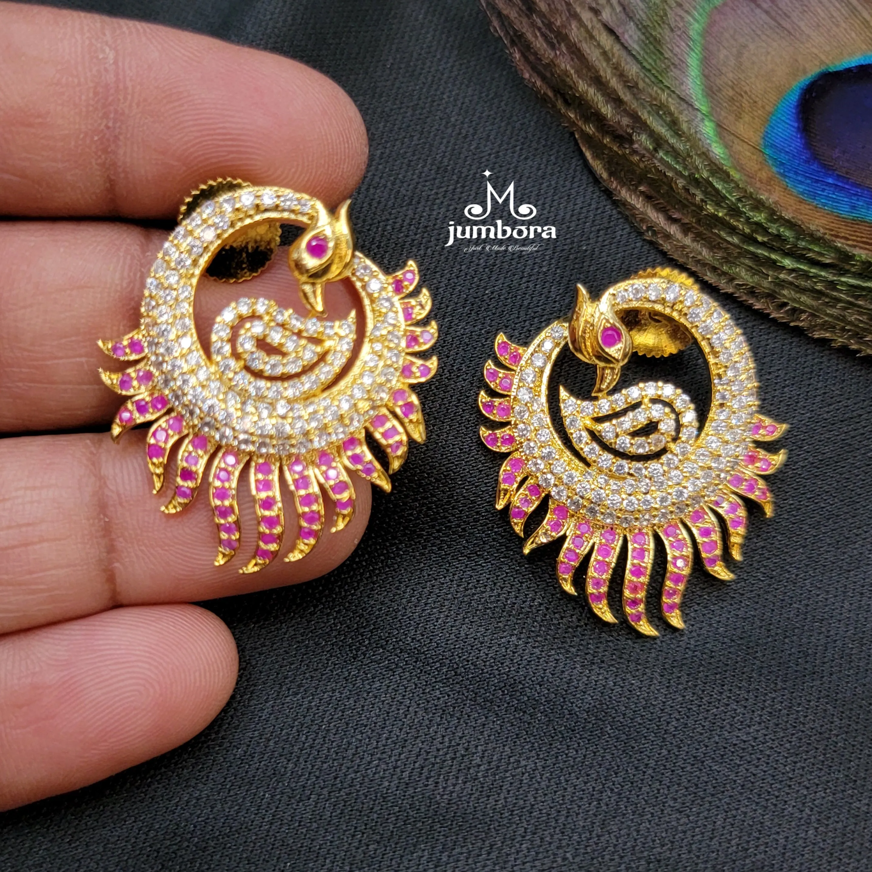 Peacock White & Ruby AD Zircon Earring