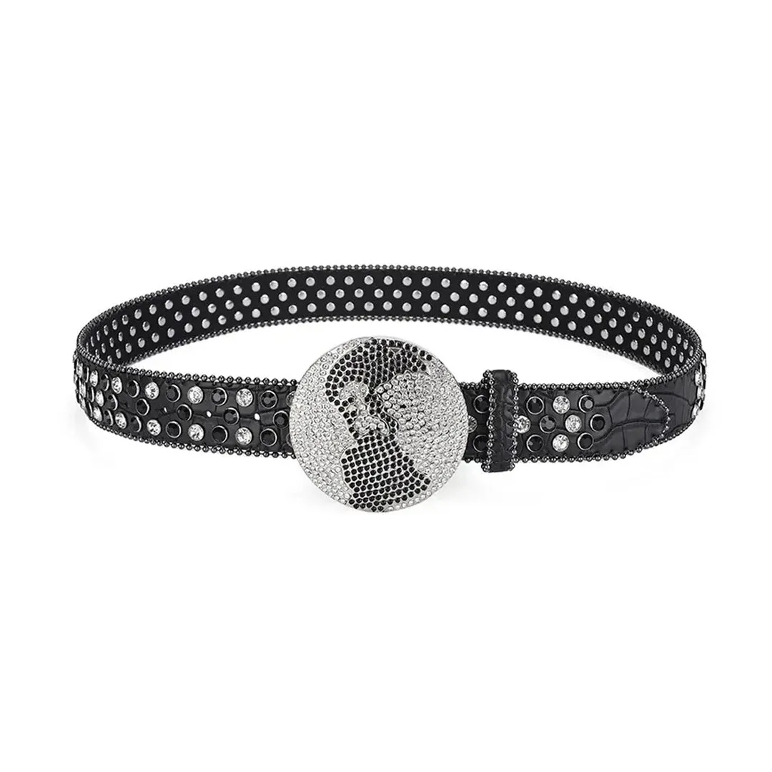 Rhinestone Globe Buckle With Black & Crystal Studded Belt