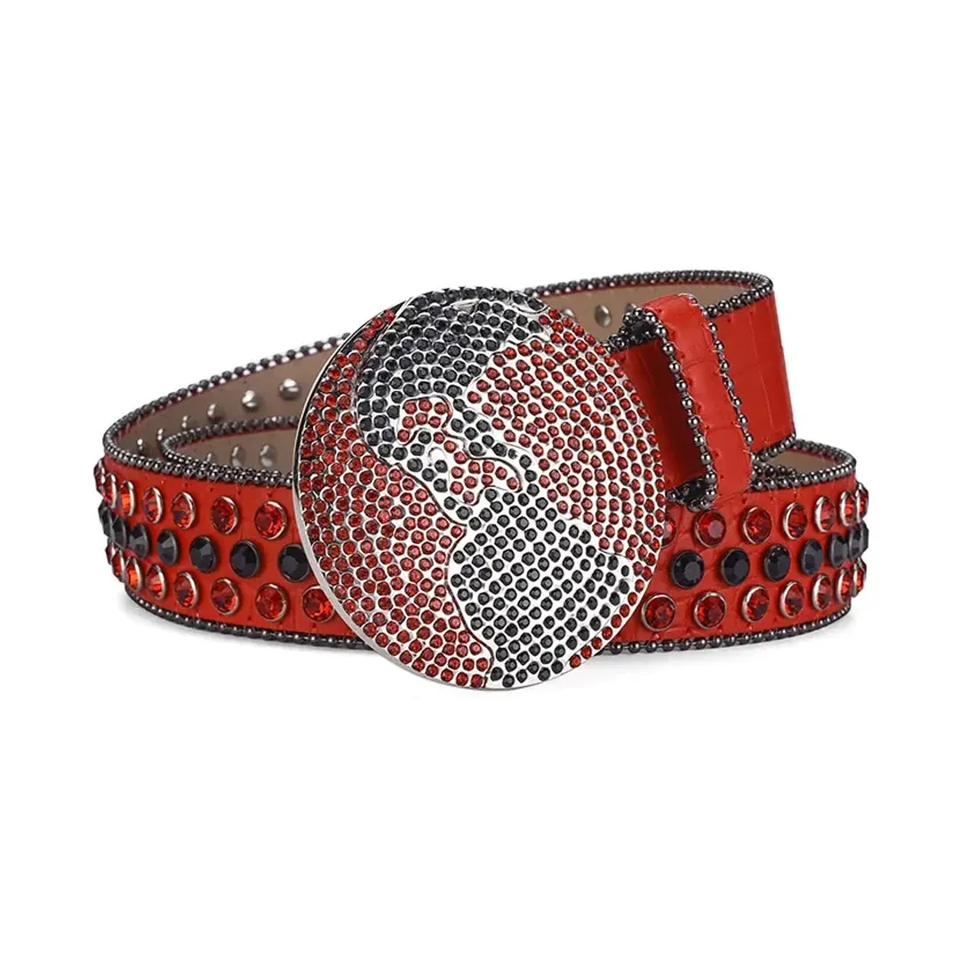 Rhinestone Globe Buckle With Red & Black Studded Belt