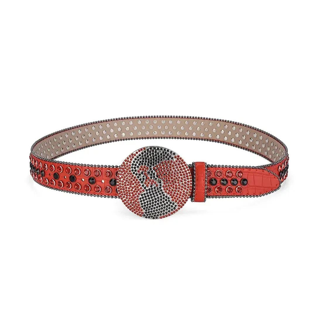 Rhinestone Globe Buckle With Red & Black Studded Belt