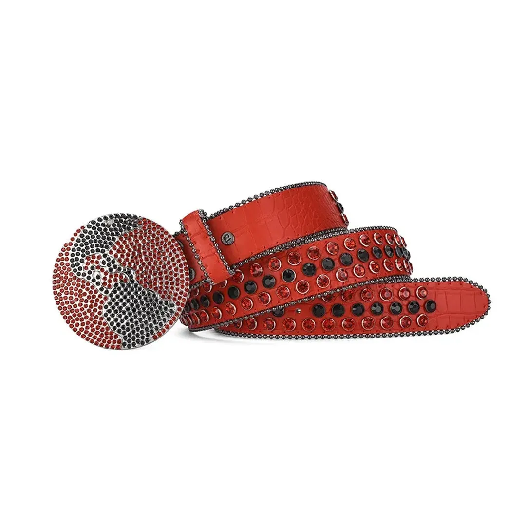 Rhinestone Globe Buckle With Red & Black Studded Belt