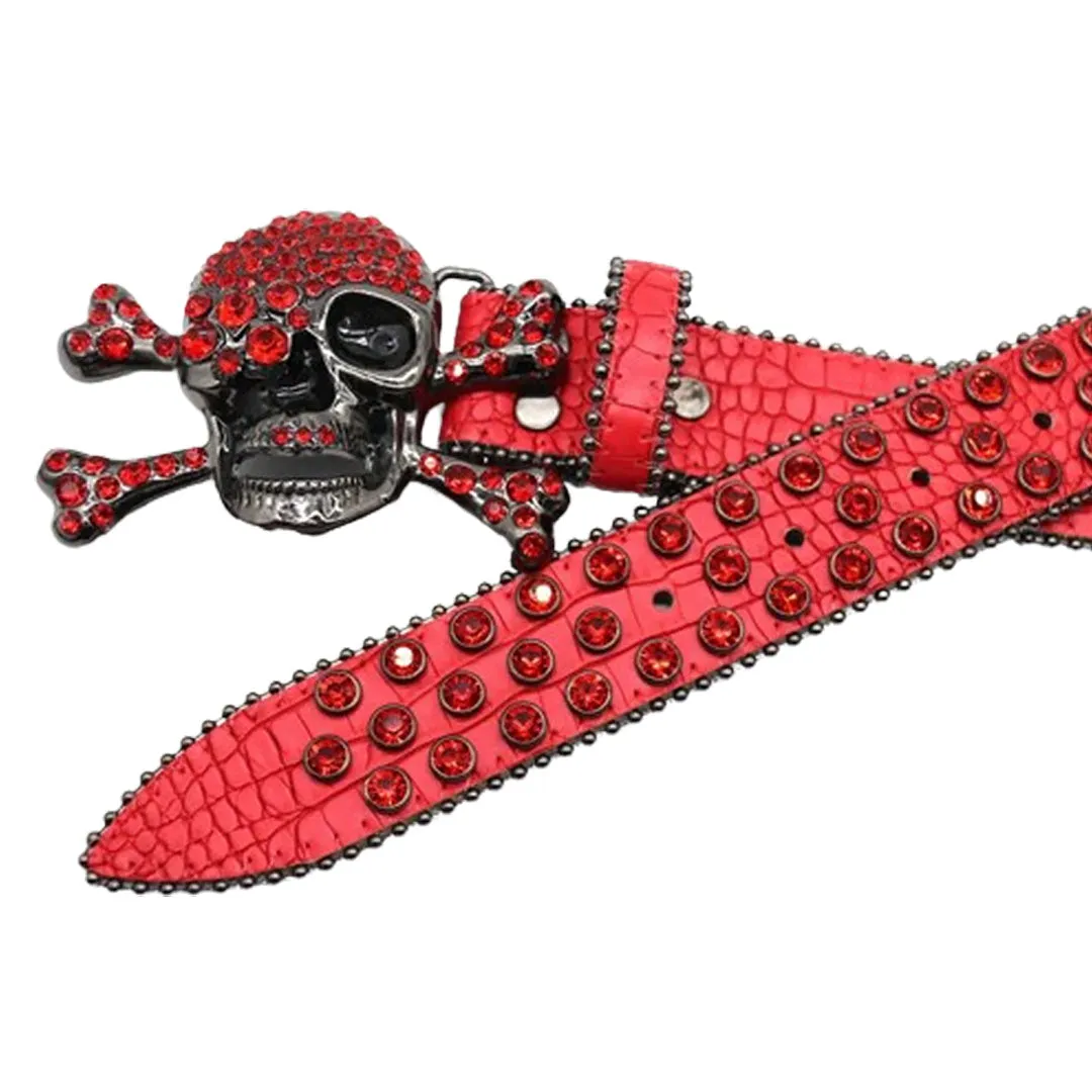 Rhinestone Metal Skull Buckle Red Strap With Red Studded Belt