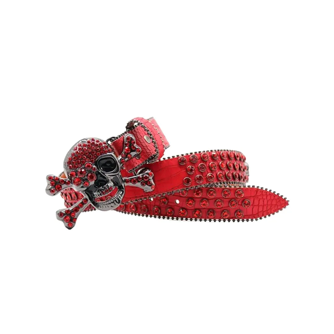 Rhinestone Metal Skull Buckle Red Strap With Red Studded Belt