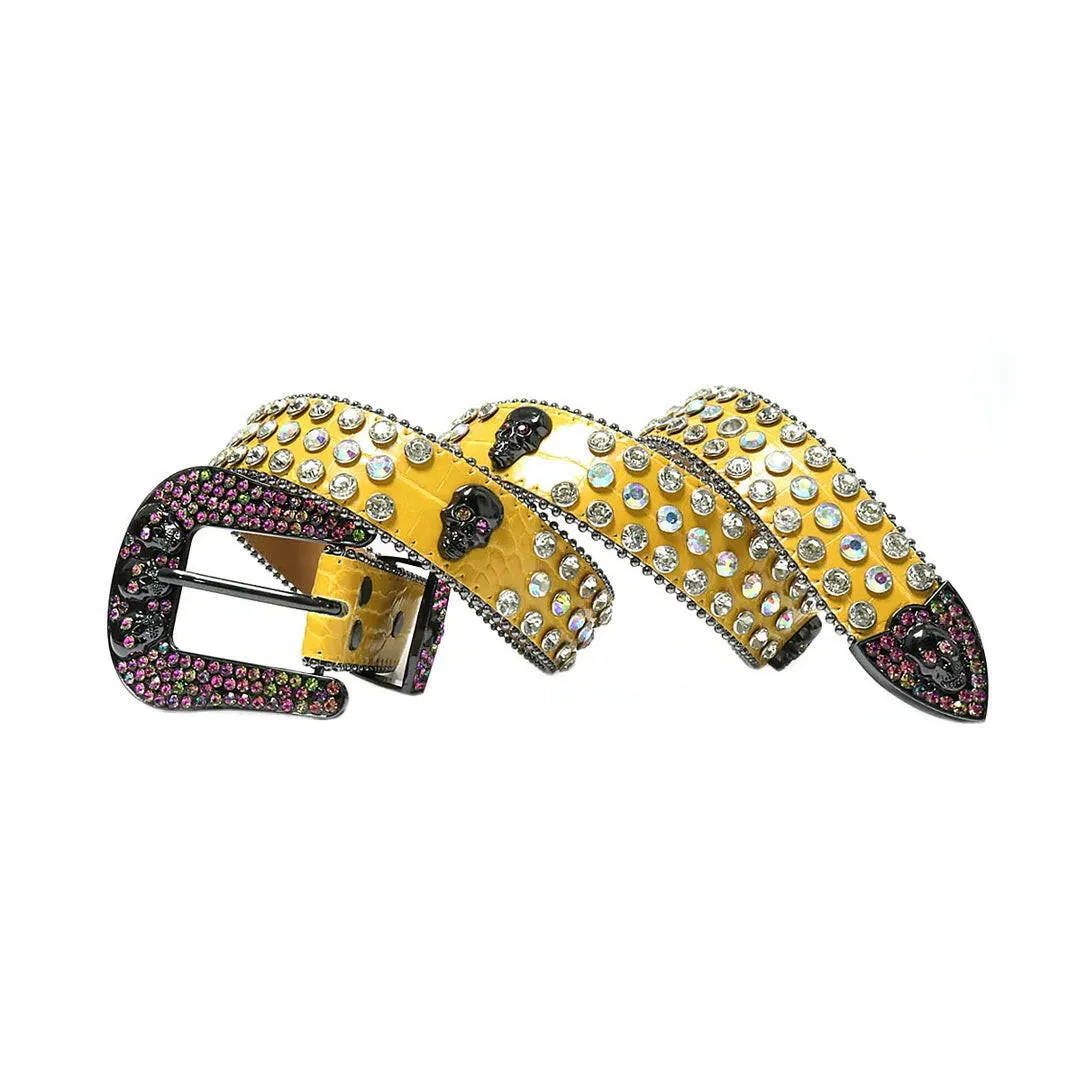 Rhinestone Skull Buckle Yellow Strap With Multi & Crystal Studded Belt