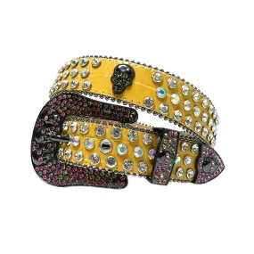 Rhinestone Skull Buckle Yellow Strap With Multi & Crystal Studded Belt