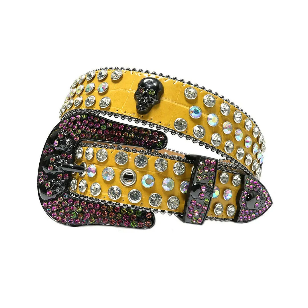 Rhinestone Skull Buckle Yellow Strap With Multi & Crystal Studded Belt