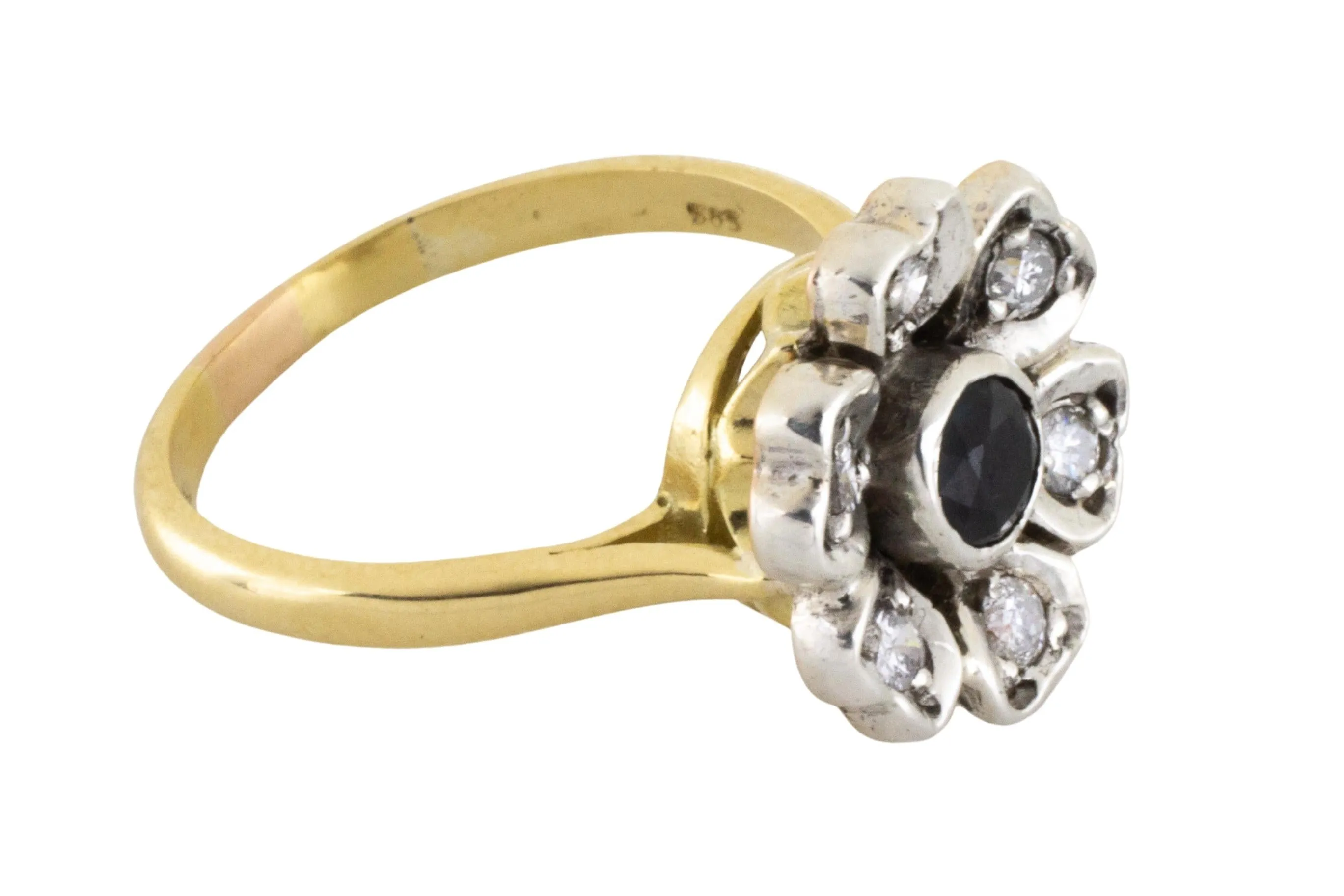 Sapphire and diamond flower ring in silver and gold