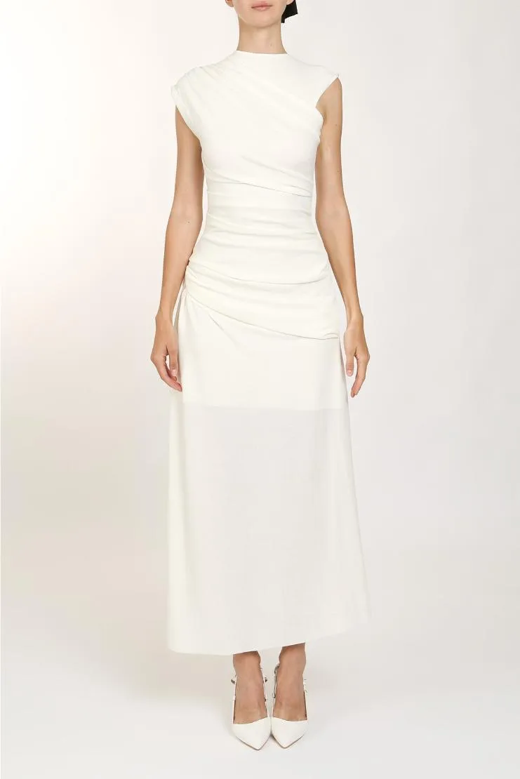 Sasha Asymmetrical One Shoulder Draped Ruched Maxi - White