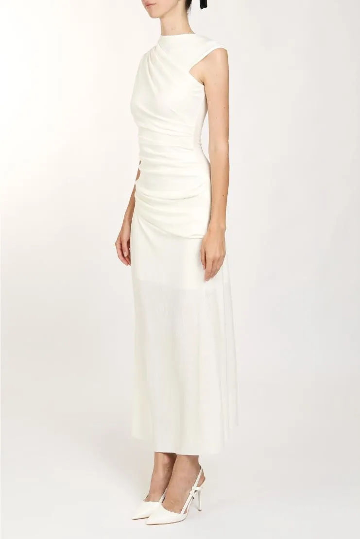 Sasha Asymmetrical One Shoulder Draped Ruched Maxi - White