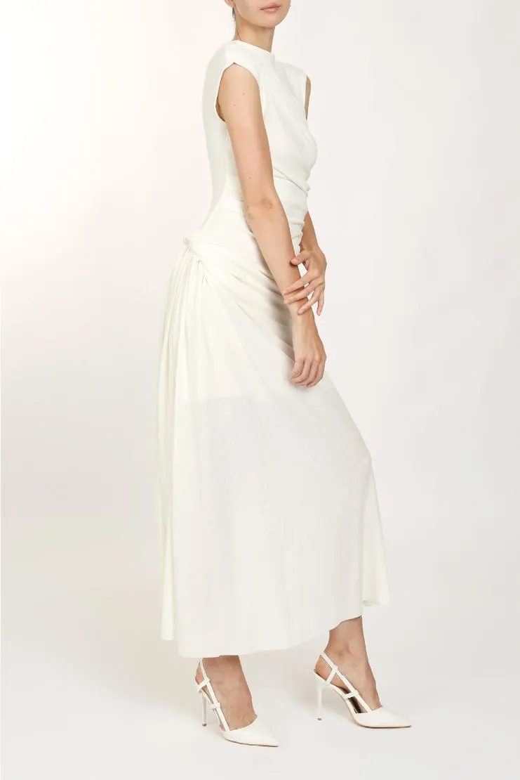 Sasha Asymmetrical One Shoulder Draped Ruched Maxi - White