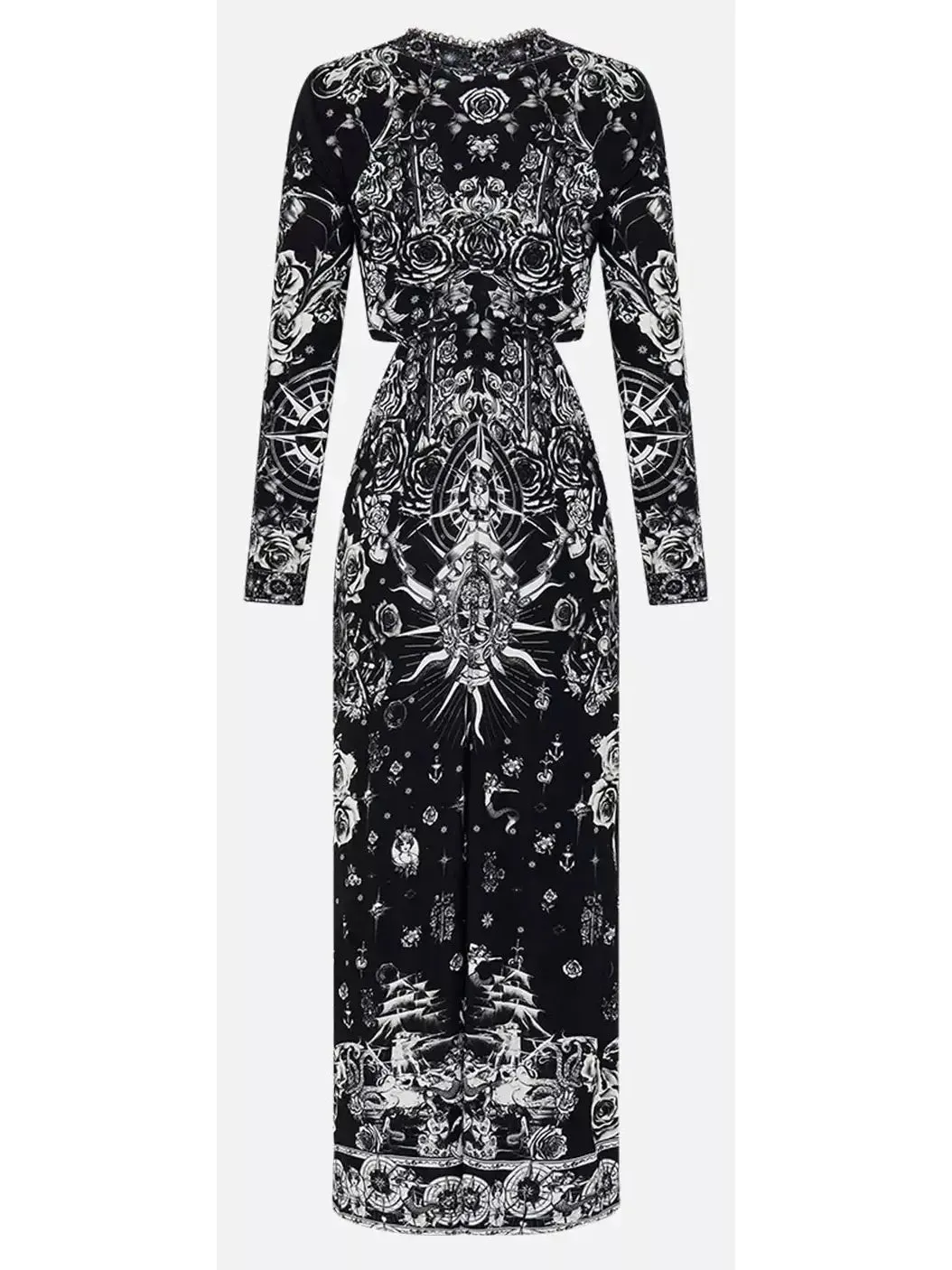 Women’s Black and White Tattoo Printed Cut-Out Embellished V-Neck Silk Midi Dress