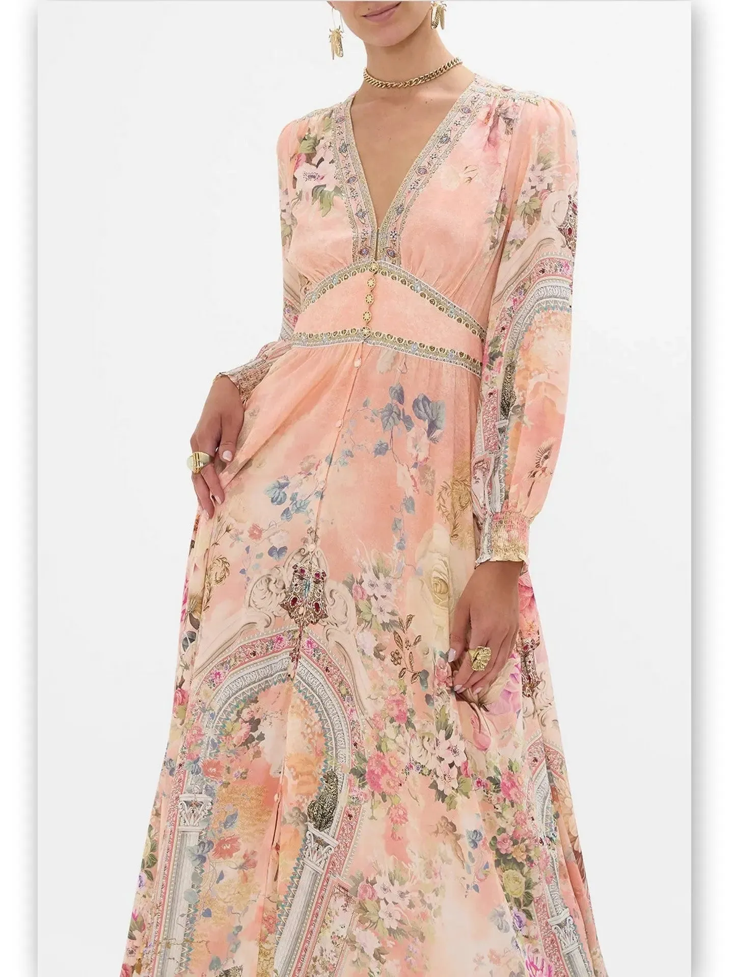 Women’s Button-Down Printed Silk Dress with Shaped Waistband
